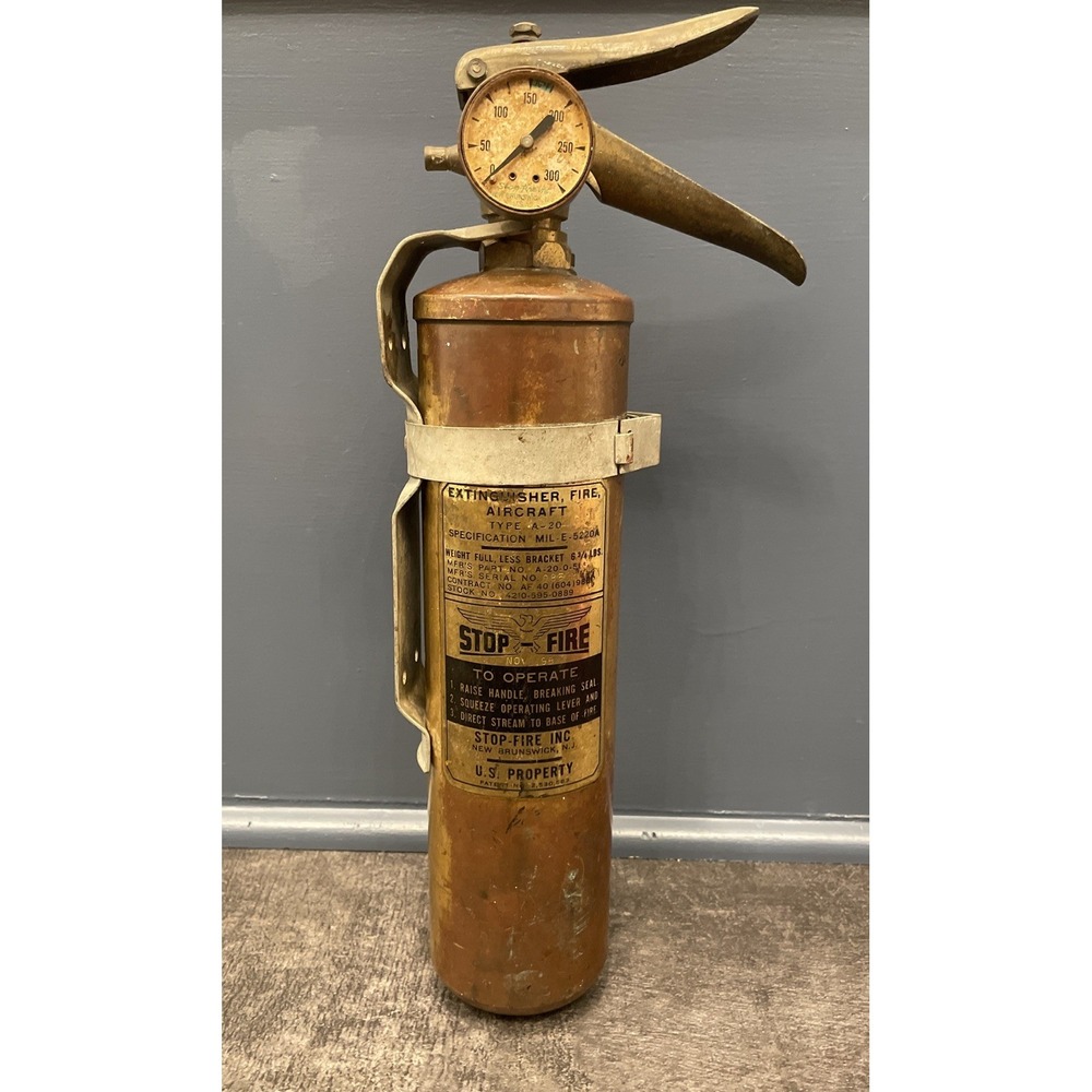 FIRE-STOP BRASS AIRPLANE AIRCRAFT TYPE A-20 MIL-E-5220A FIRE EXTINGUISHER W/BRKT